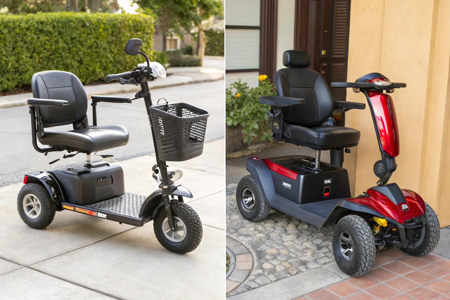 A 3-wheel and a 4-wheel mobility scooter side-by-side
