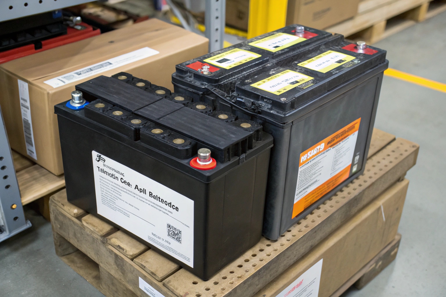 A warehouse shelf stocked with various types of mobility scooter batteries