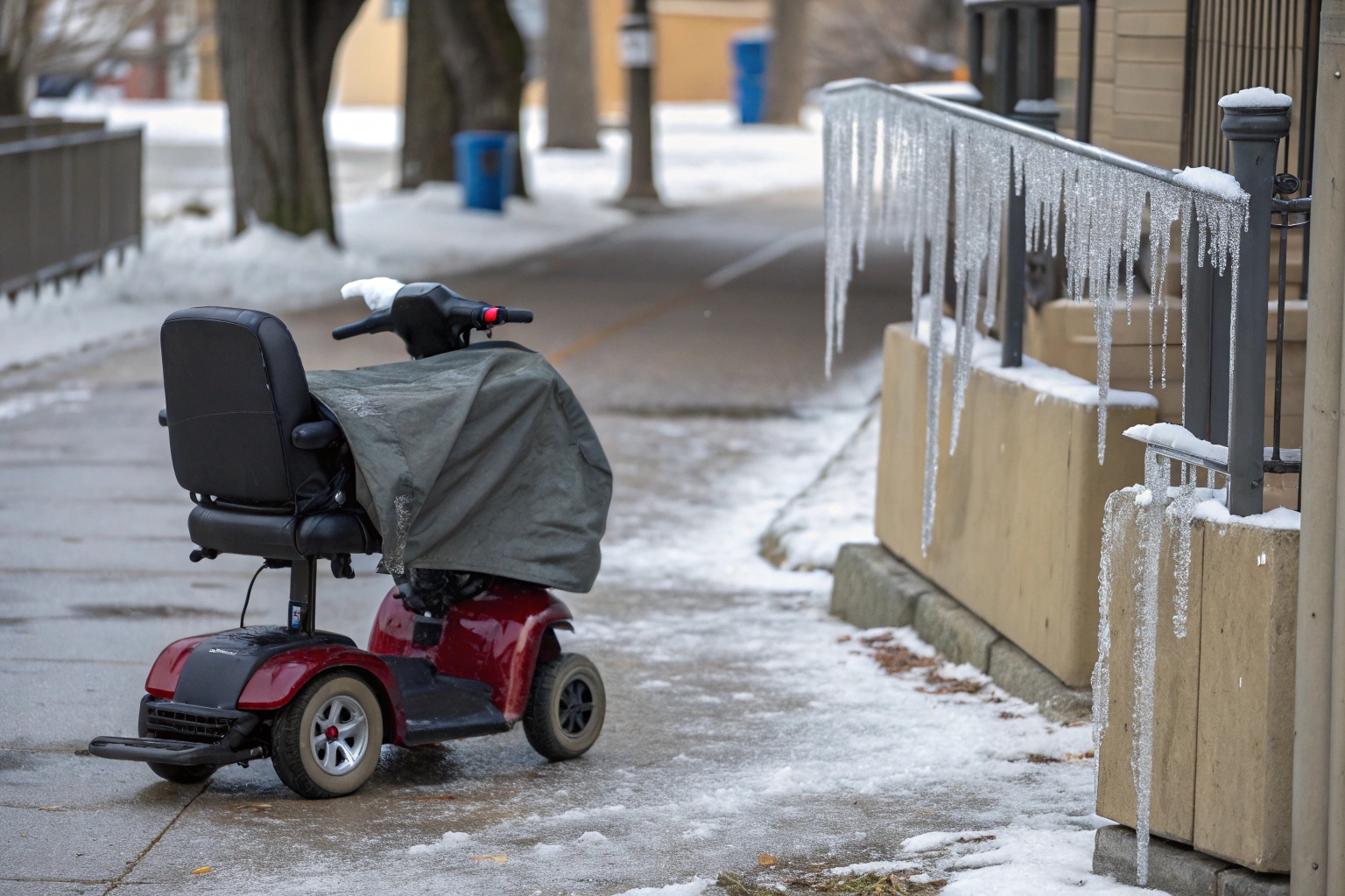 A mobility scooter in a snowy environment with a battery icon showing it is low on power.