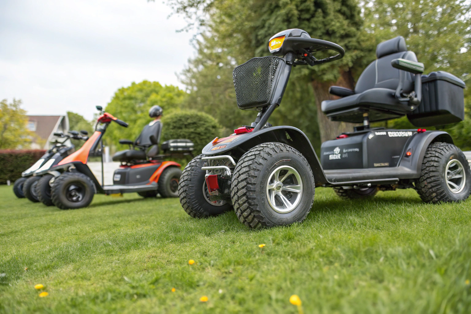 A four-wheel mobility scooter driving smoothly across a green, grassy field on a sunny day.