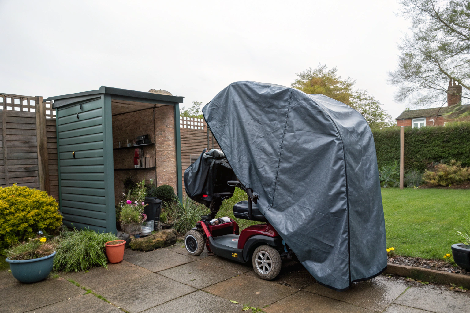 A mobility scooter covered with a protective waterproof tarp, parked on a patio next to a house.