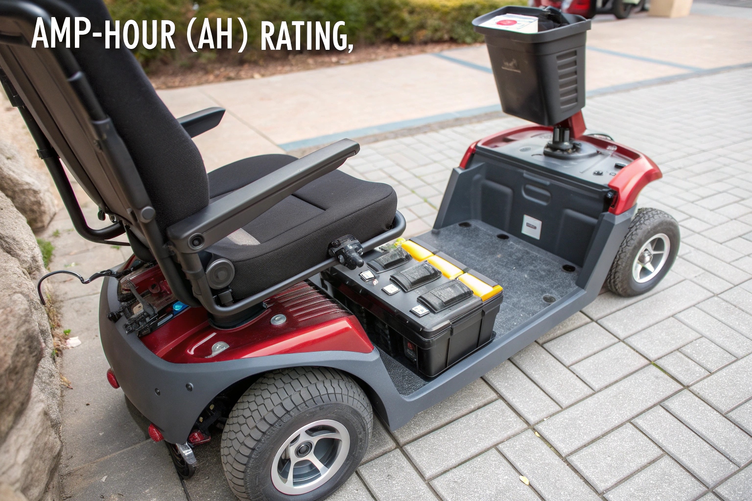 A mobility scooter with a standard battery next to a larger, high-capacity battery