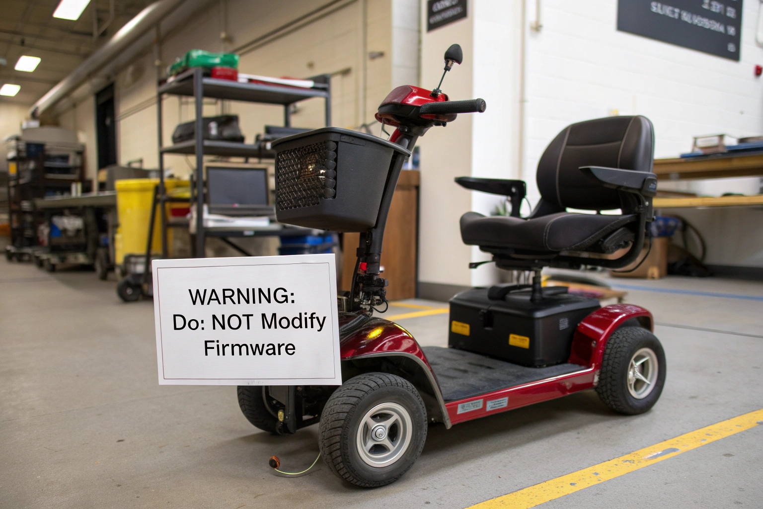 A technician at a workbench with a laptop connected to a scooter controller via a special cable