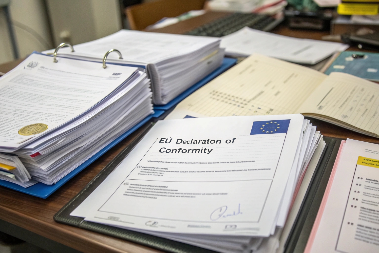 A photo of a binder labeled "Technical File" next to a signed EU Declaration of Conformity document