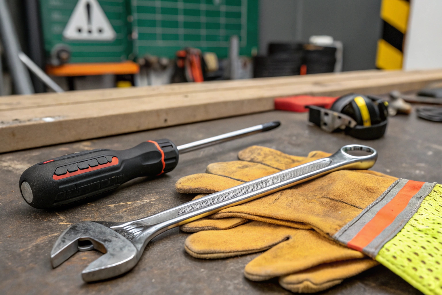 A simple toolkit with gloves, a screwdriver, and a wrench for battery replacement