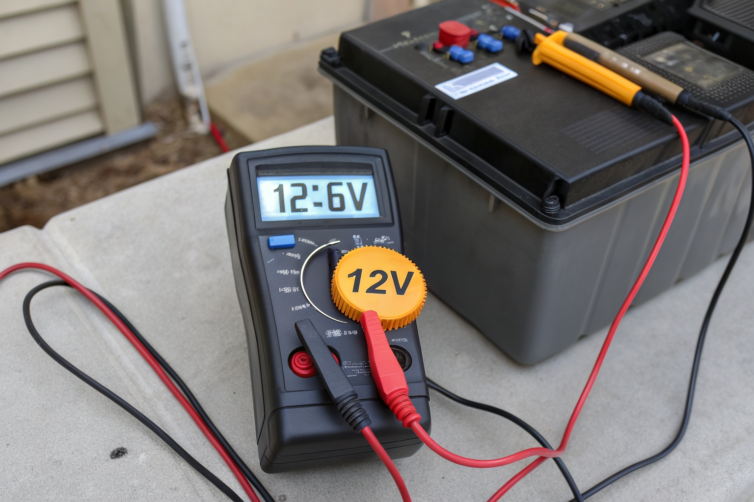A person pointing to the voltage reading on a multimeter, showing two batteries are balanced