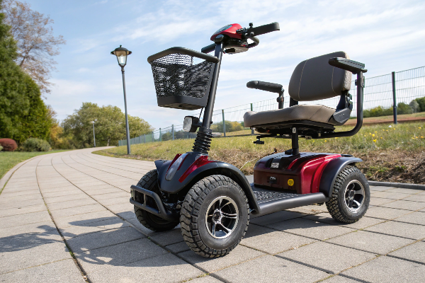 A person confidently riding a stable four-wheel mobility scooter in a park