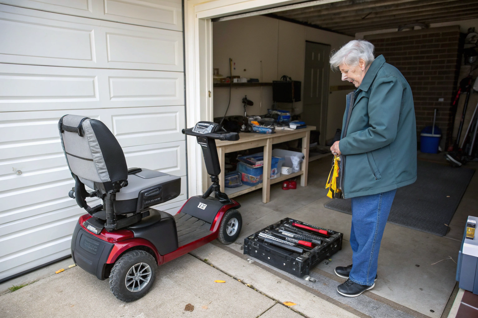 A person inspecting the battery compartment of a mobility scooter