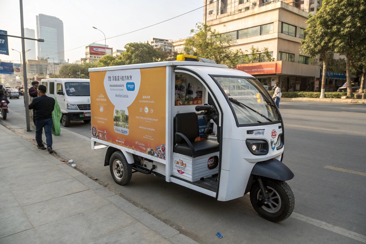 an electric trike delivering packages in a busy urban area