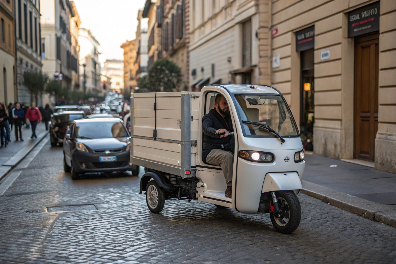 a 3-wheel scooter pickup navigating a busy city street next to a van and a motorbike