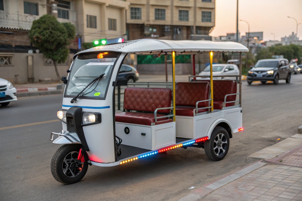 A group of tourists in a 6-seater electric tuk-tuk shuttle