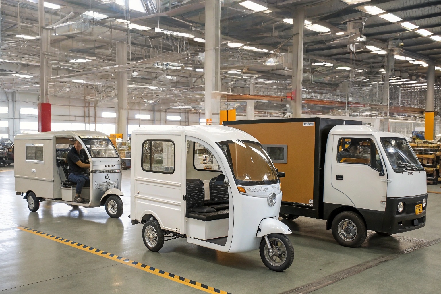a pricing tag on an enclosed electric tricycle at a factory