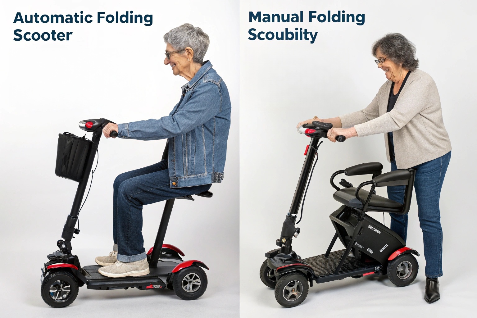 Side-by-side comparison of an automatic folding scooter folding via remote and a manual one being folded by hand