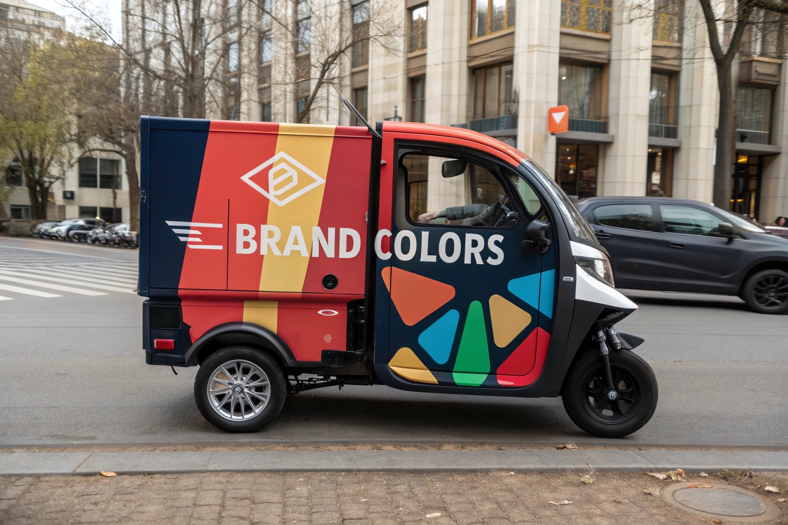 an electric tricycle van being wrapped with a custom company logo and colors