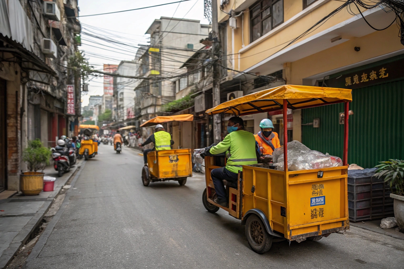 a fleet of new electric sanitation trikes lined up for a municipal project in the Philippines