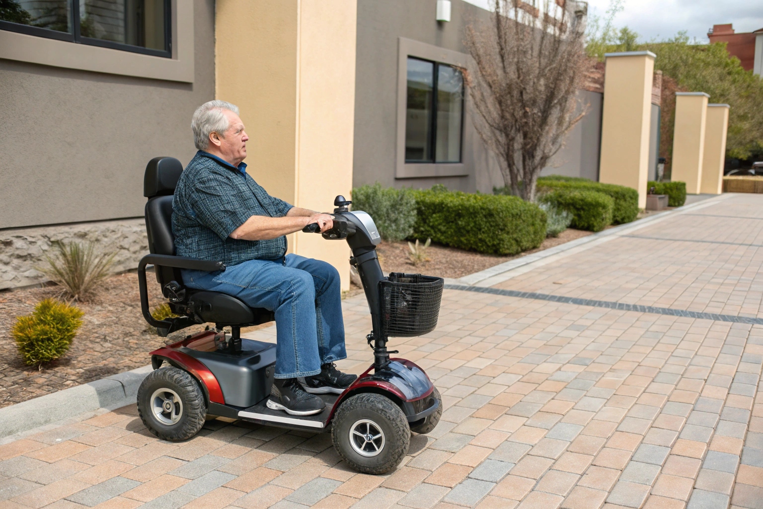 A stable, 4-wheel mobility scooter easily navigating a small curb cut on a city street