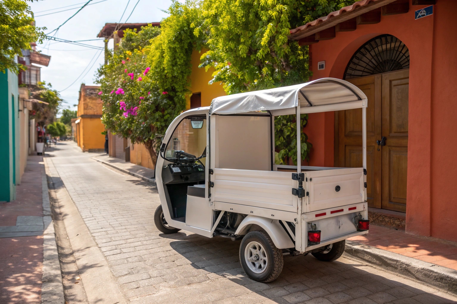 an electric trike on a rural road in Colombia, used for agricultural transport