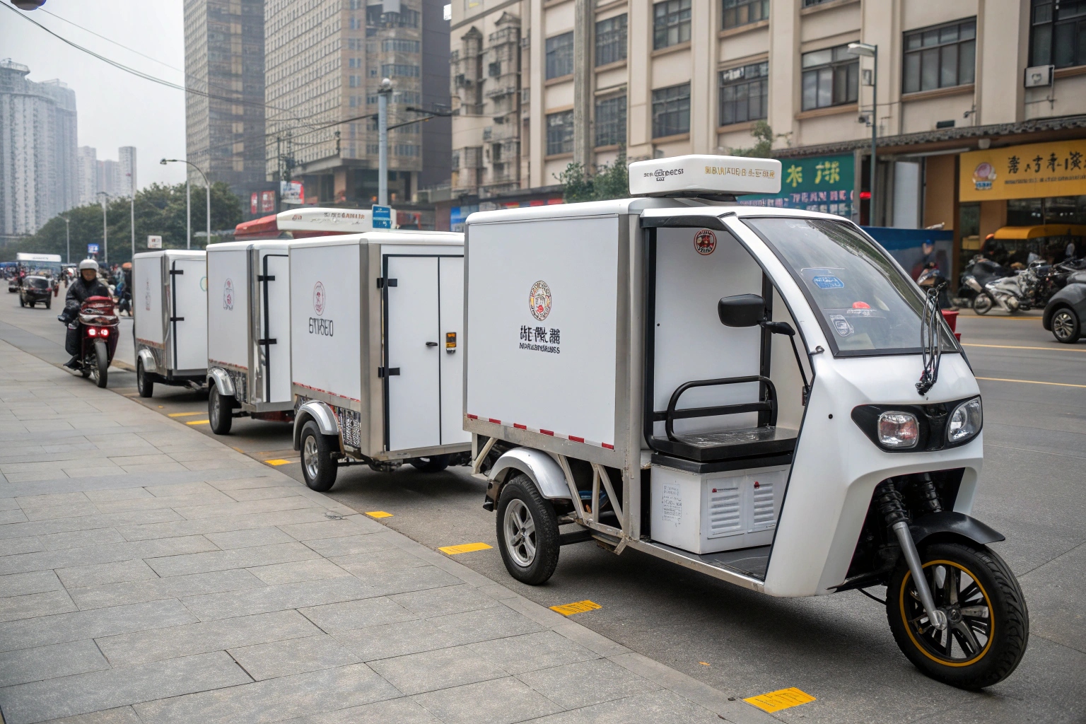a custom-branded electric refrigerated tricycle delivering fresh produce in a residential community