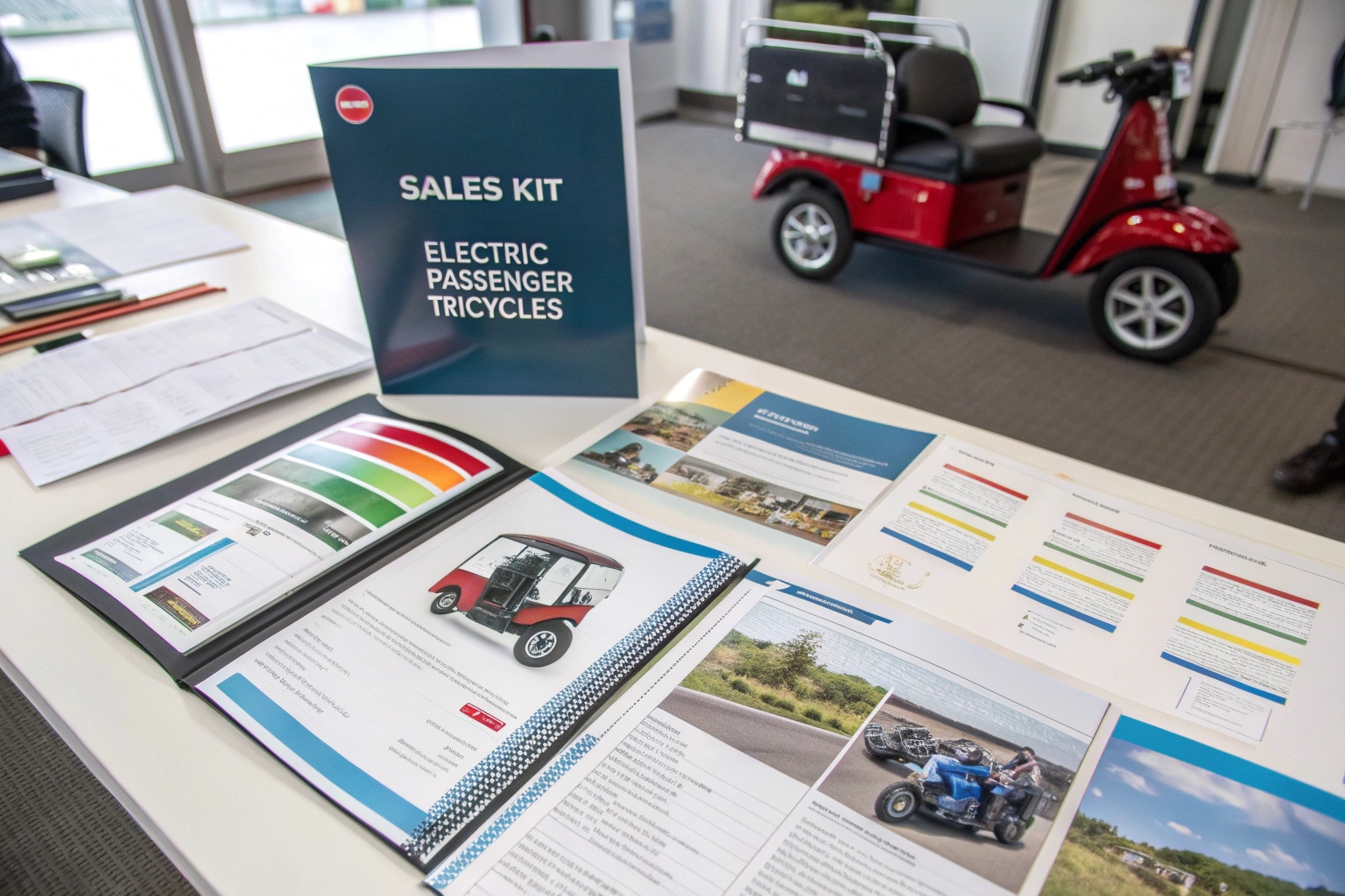 a dealer showroom with professional brochures, banners, and a demo electric tricycle