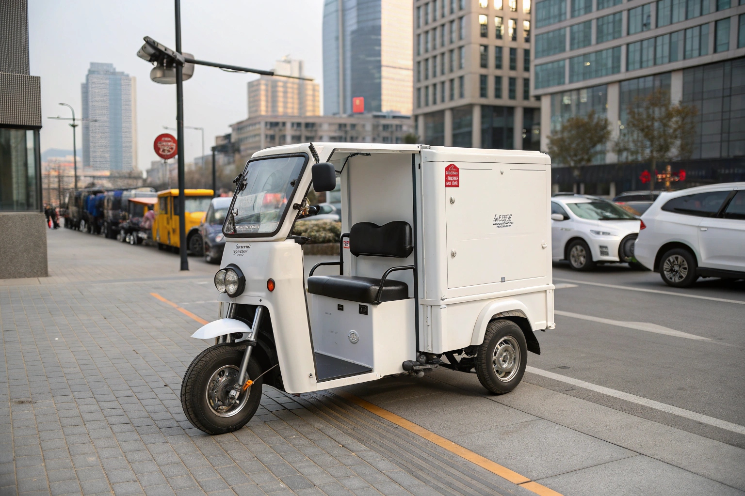 a tricycle pickup easily maneuvering through a narrow market street