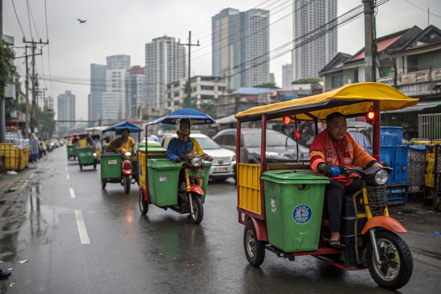an electric garbage tricycle collecting waste in a narrow alley in a Southeast Asian city
