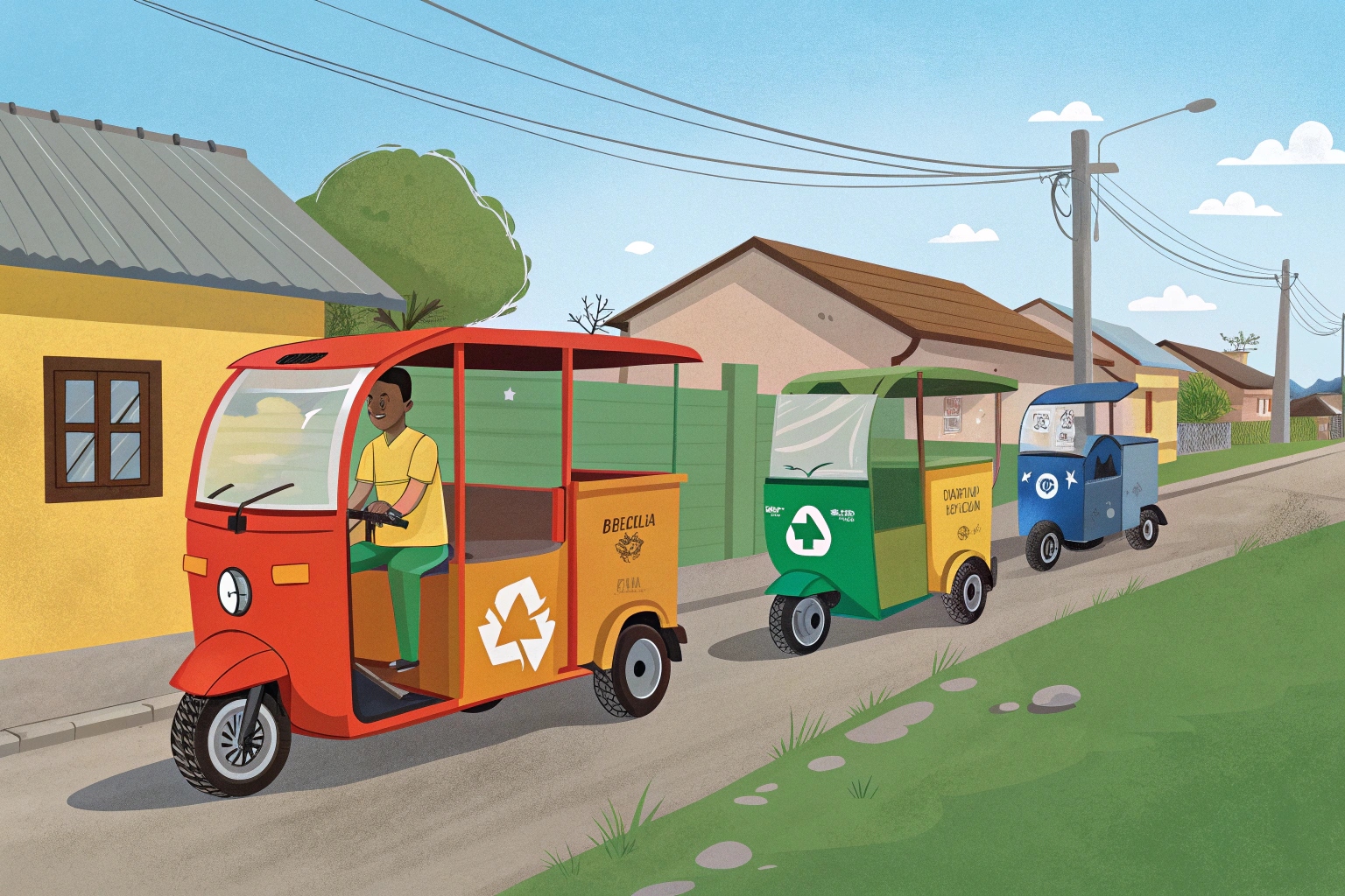 an electric tricycle parked in a small community, a resident handing a bag to the operator