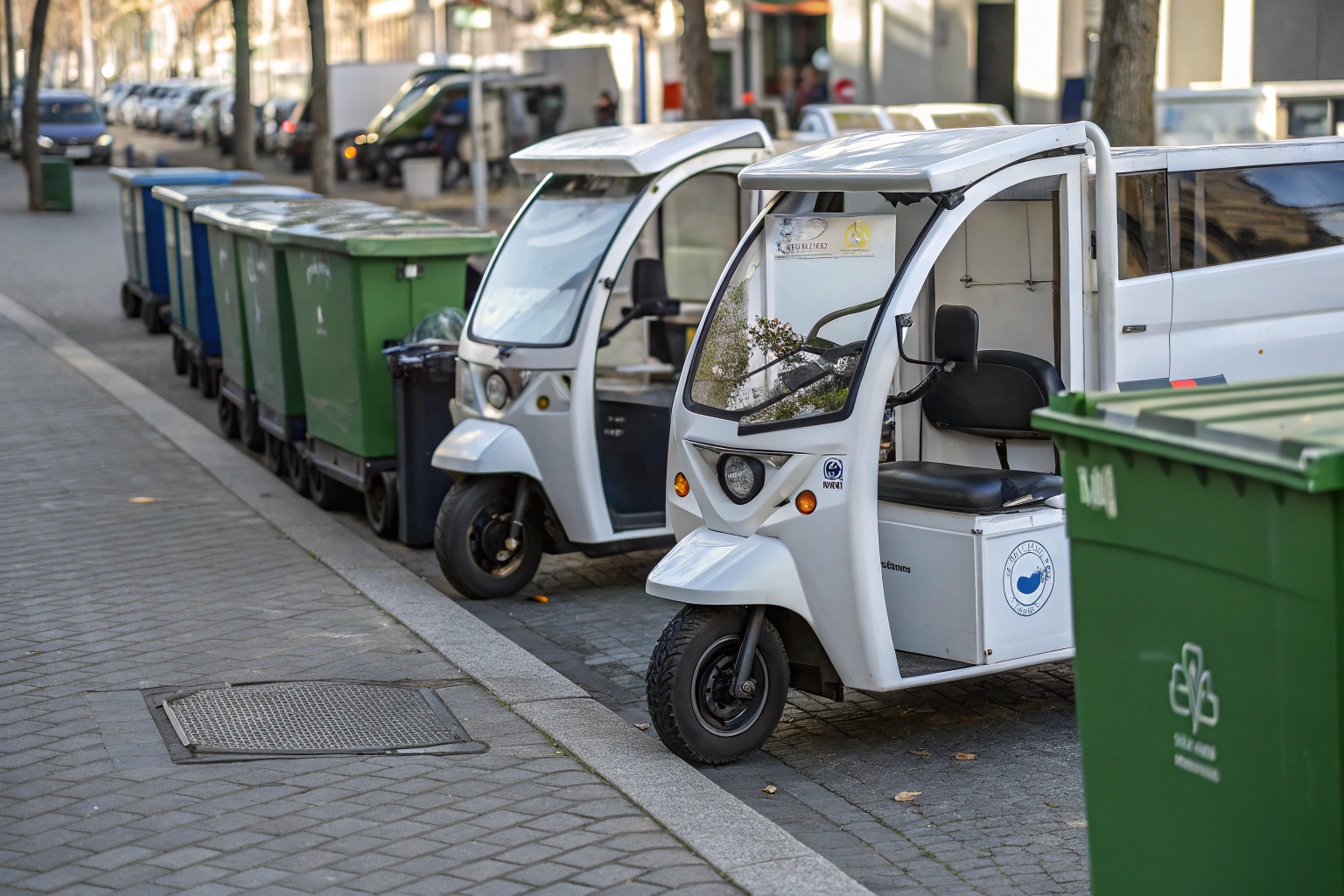 A sanitation worker charging an electric garbage tricycle easily
