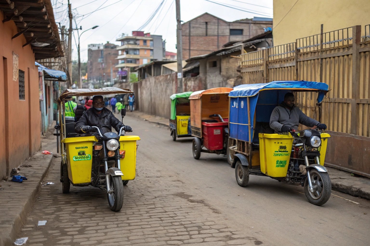 an electric garbage tricycle with a green color scheme on a city street in Africa