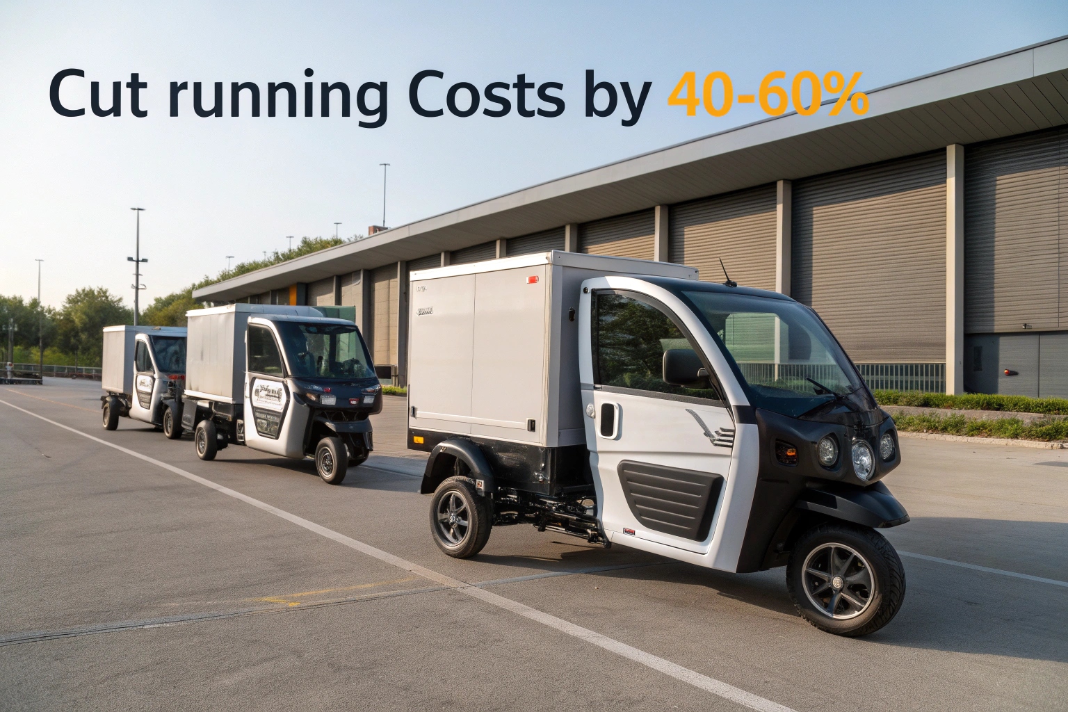a calculator showing significant cost savings next to a model of an electric tricycle van