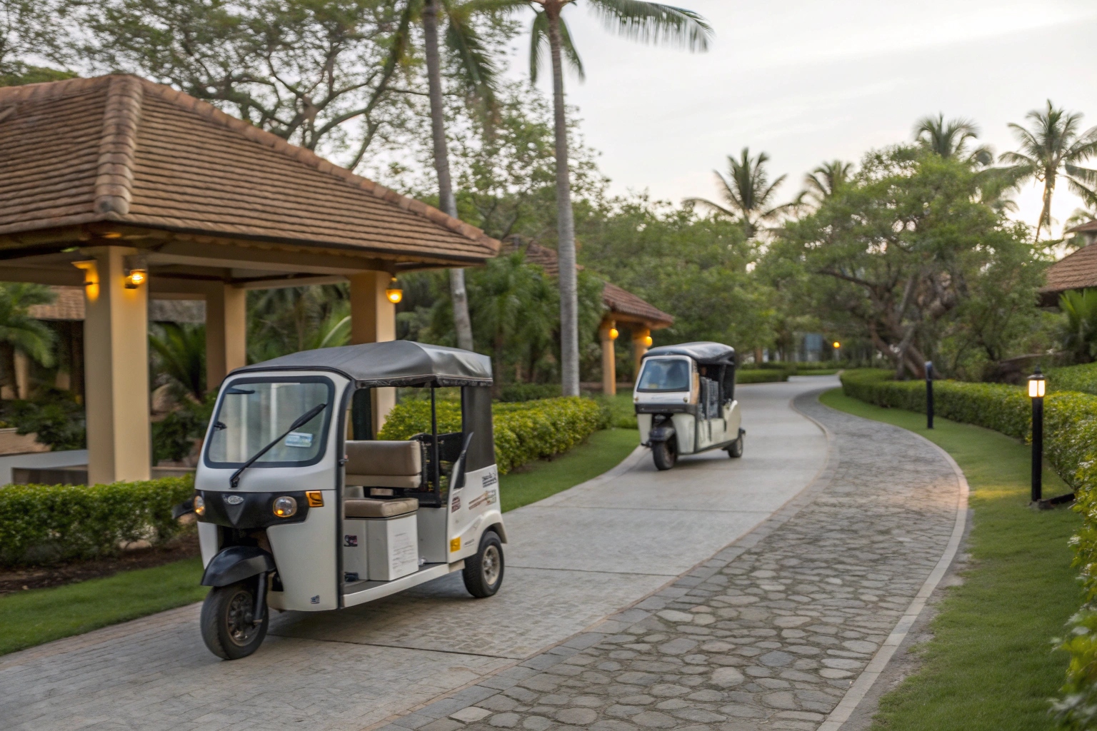 An e-tuk taxi navigating a narrow path in a garden at a hotel