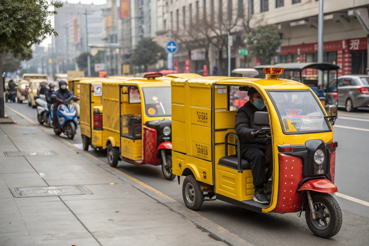 an electric tuk tuk delivering parcels in a busy city street