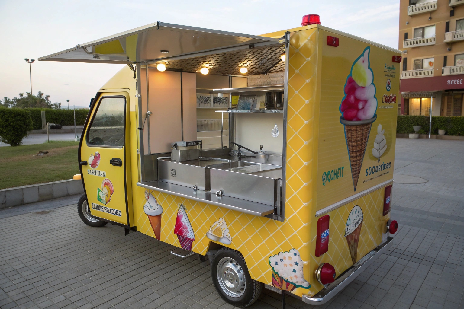 the interior of a custom tuk tuk food truck showing a freezer sink and counter