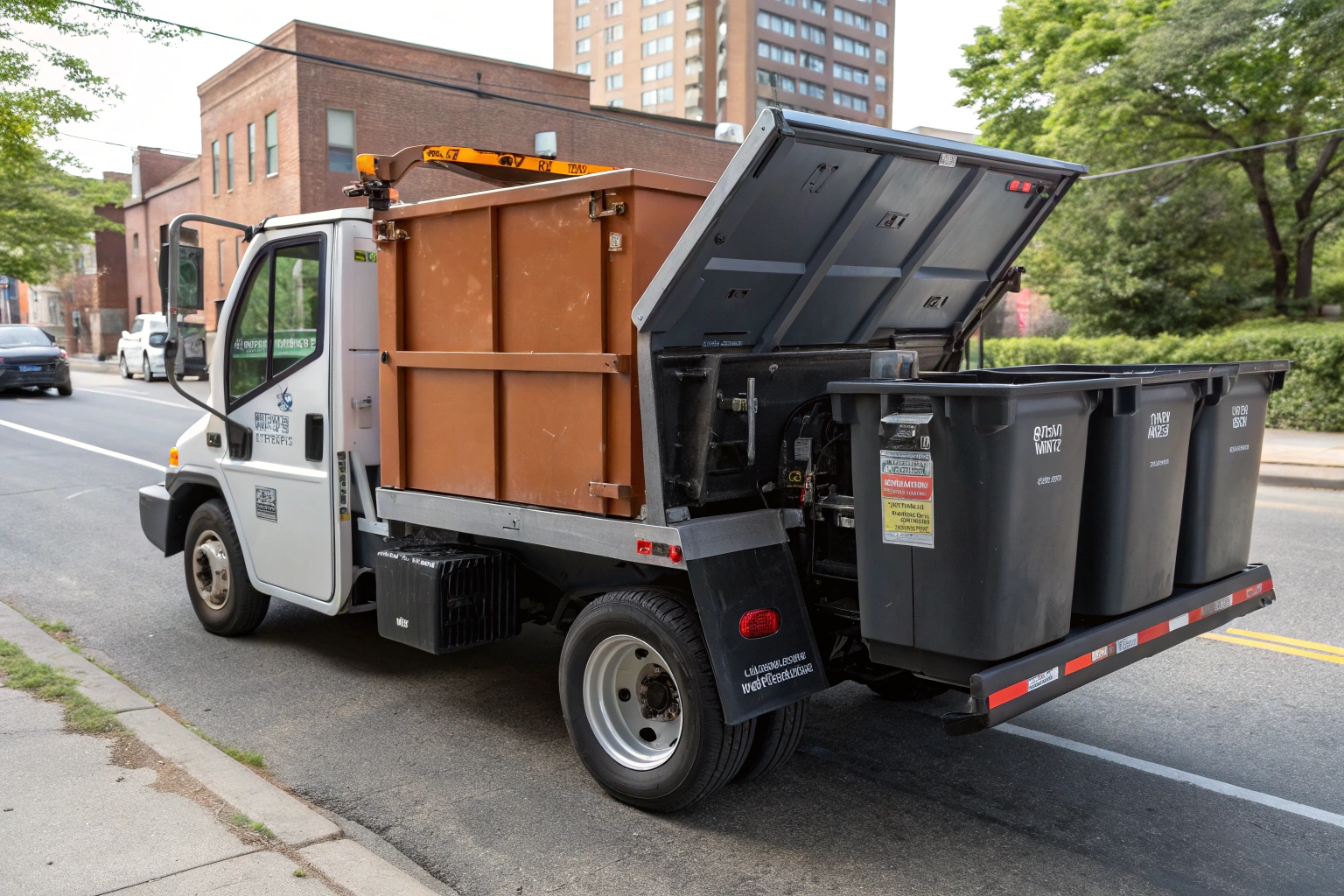 a sanitation worker easily unloading trash using a hydraulic dump feature on a small garbage truck