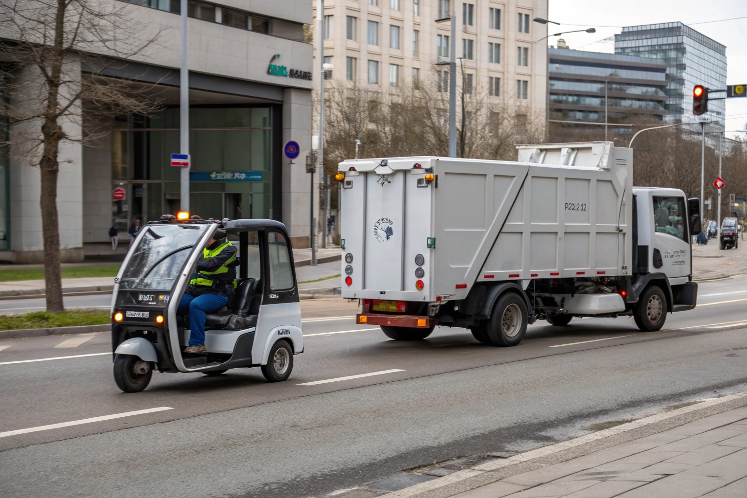 a side-by-side comparison of a 3-wheel trike and a 4-wheel mini truck turning