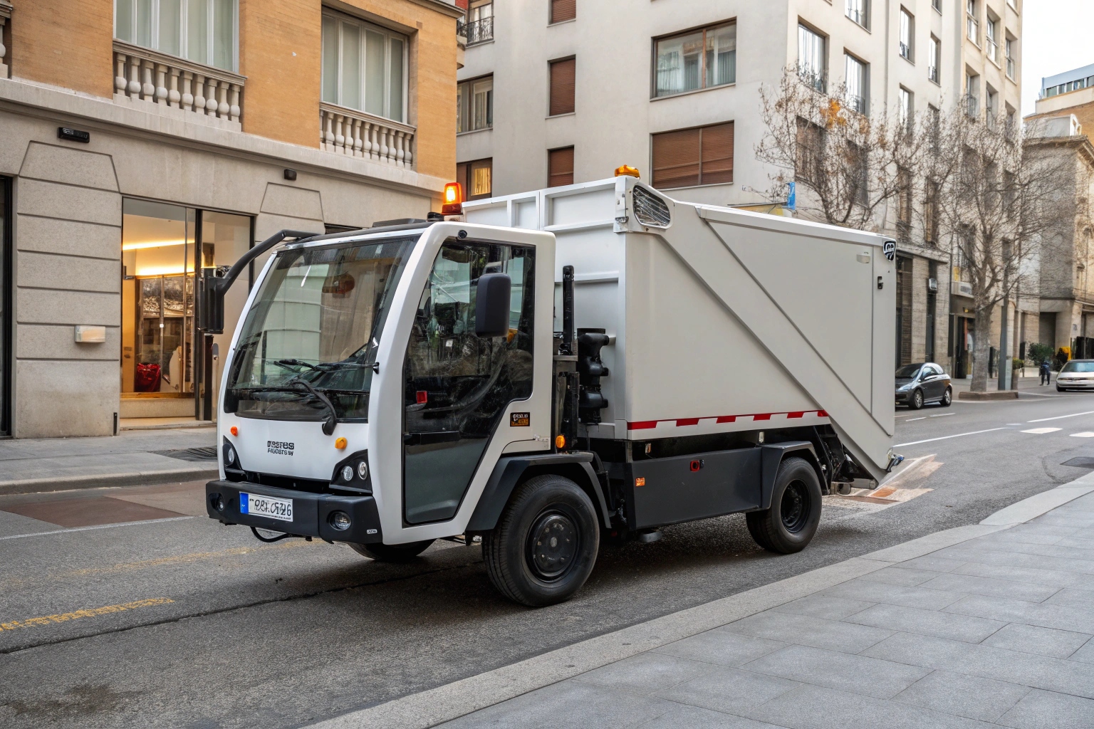 a government procurement officer reviewing the technical specifications of a small electric garbage truck