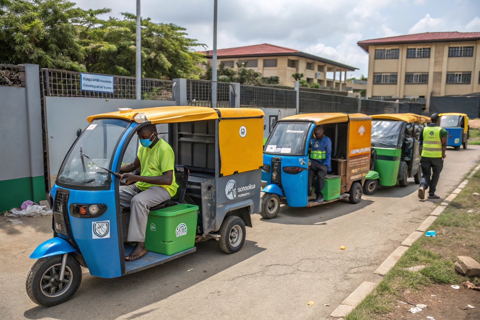 a group of people in uniform next to new electric garbage tricycles for a city project launch