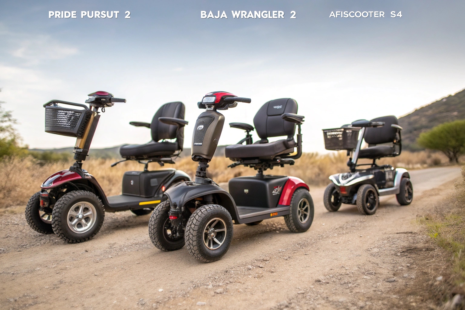 A photo collage showing three different high-performance outdoor mobility scooters in action