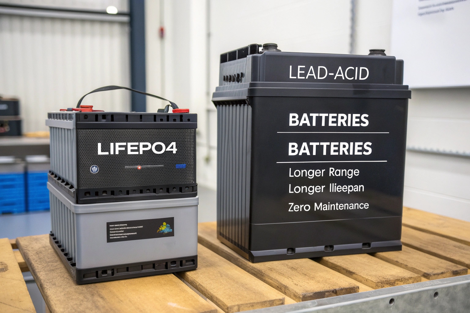 a side-by-side view of a lithium battery pack and traditional lead-acid batteries
