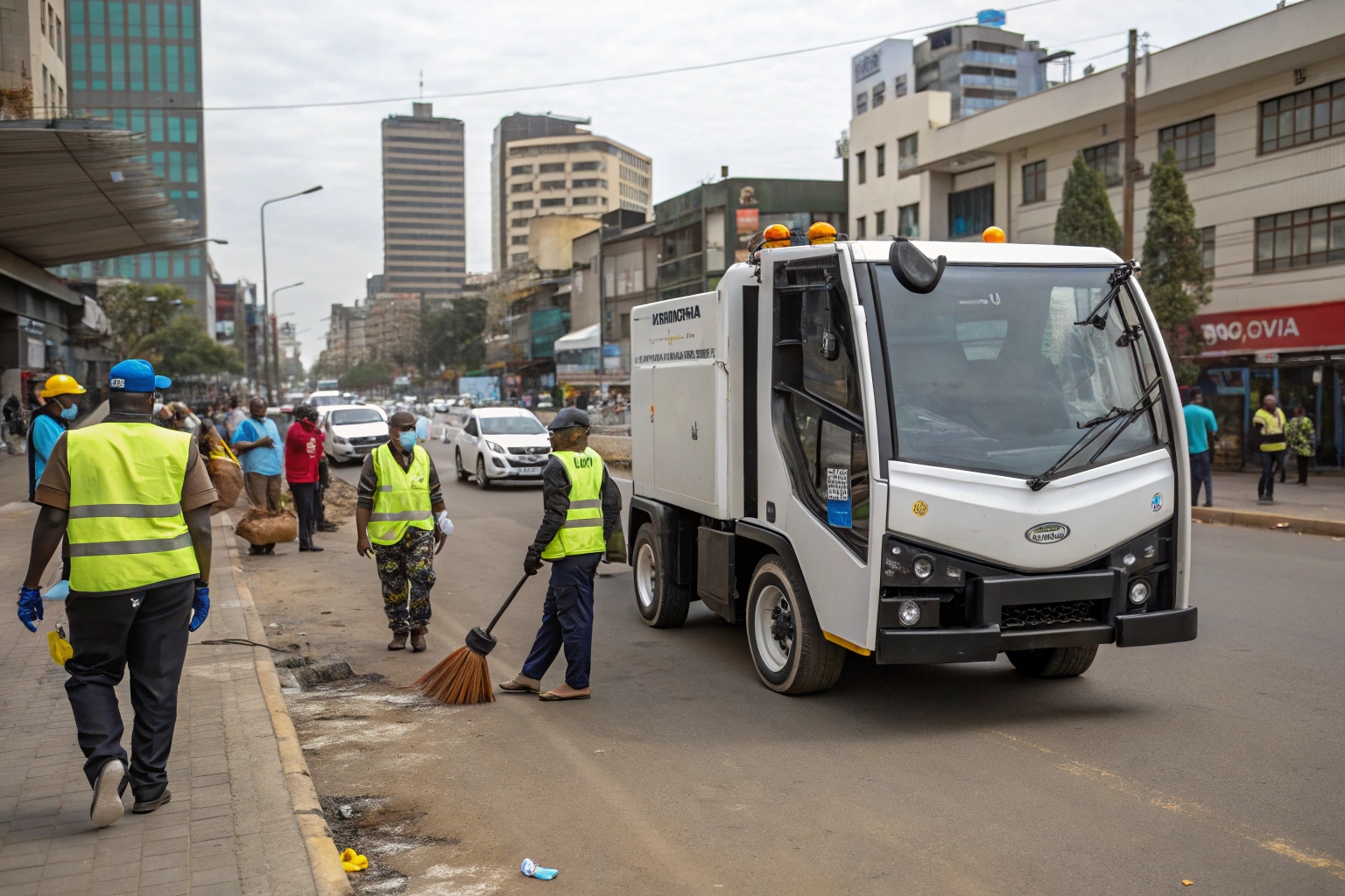 a collage showing government officials, a private company logo, and an NGO worker with electric trikes