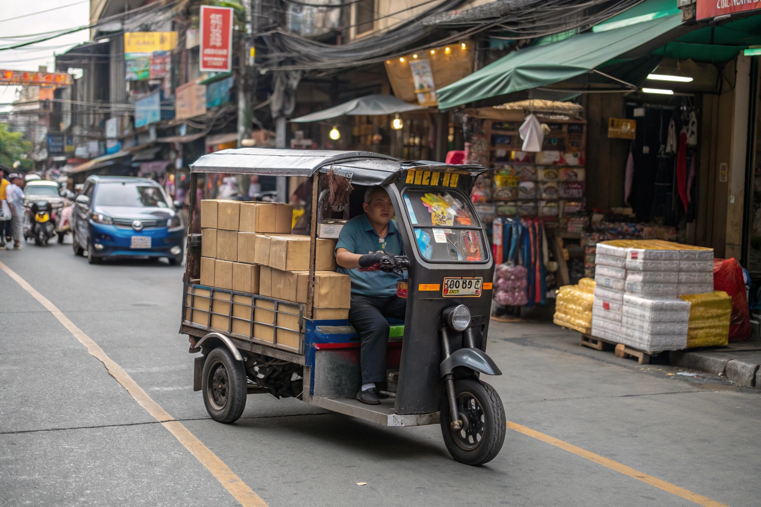an electric cargo trike delivering parcels on a busy street in Manila, Philippines