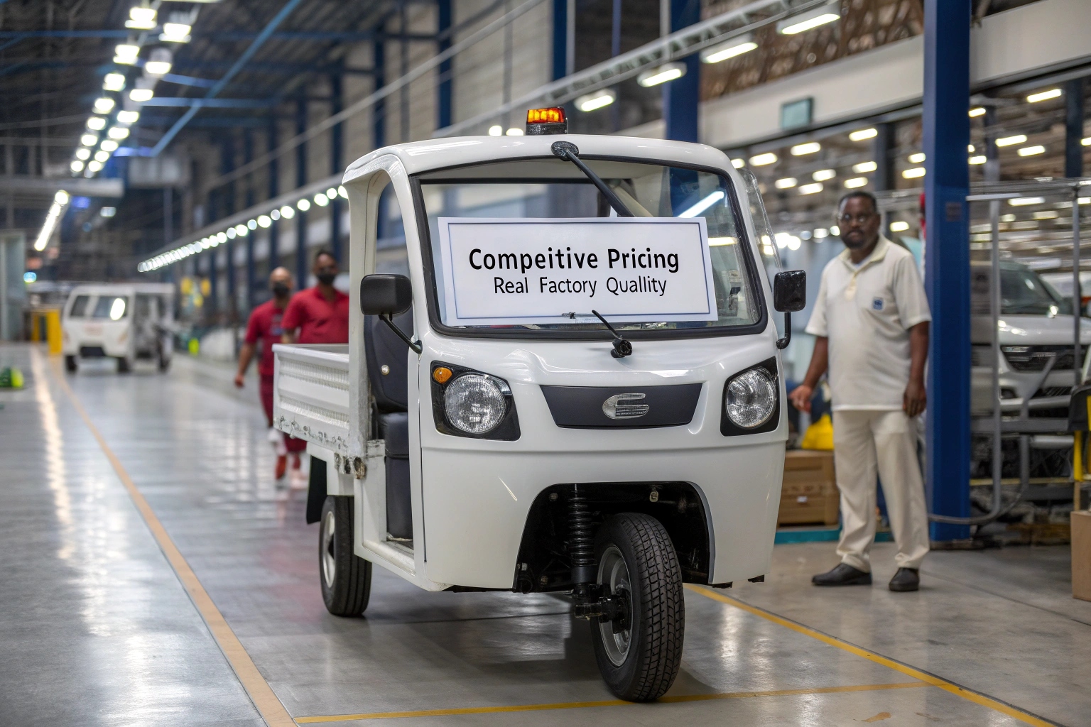 a close-up shot of a high-quality stainless steel frame on an electric tuk tuk