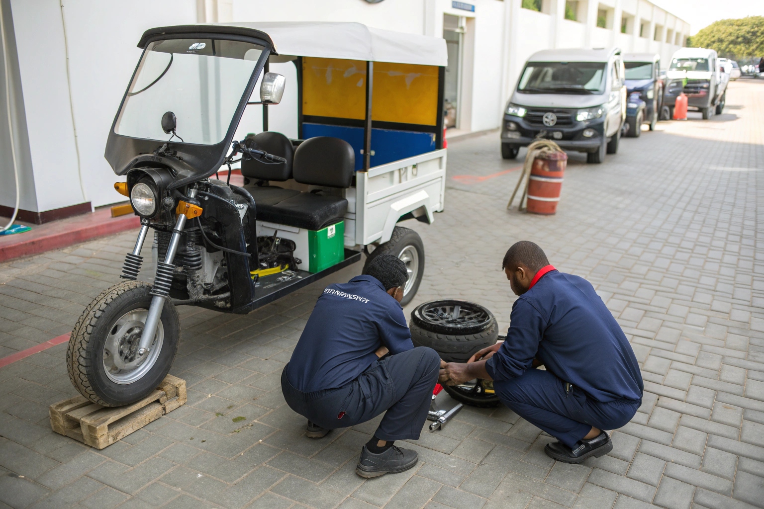 A mechanic performing preventive maintenance on an electric tricycle's wheels