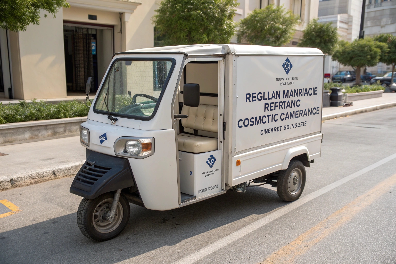 a driver cleaning and polishing their branded electric tricycle van