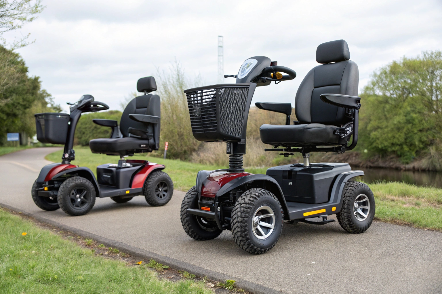 Mobility scooter on a long, paved path through a park, suggesting distance travel
