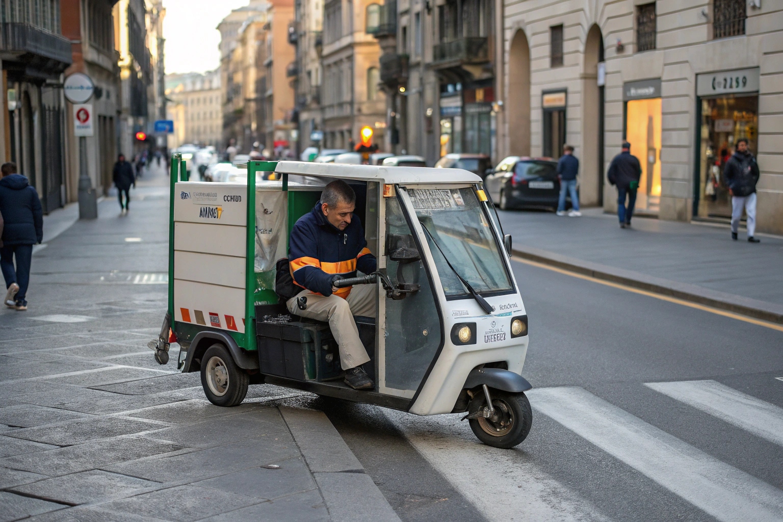 an electric garbage tricycle navigating a narrow city alley