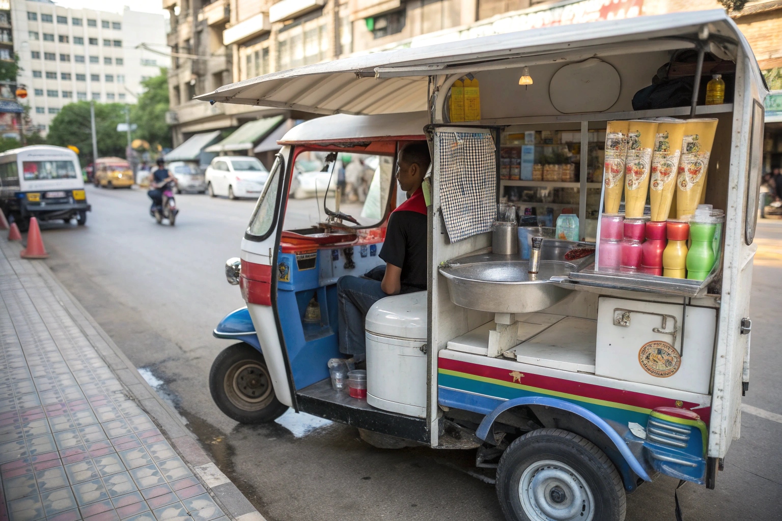 a breakdown of startup costs on a whiteboard next to an electric tuk tuk