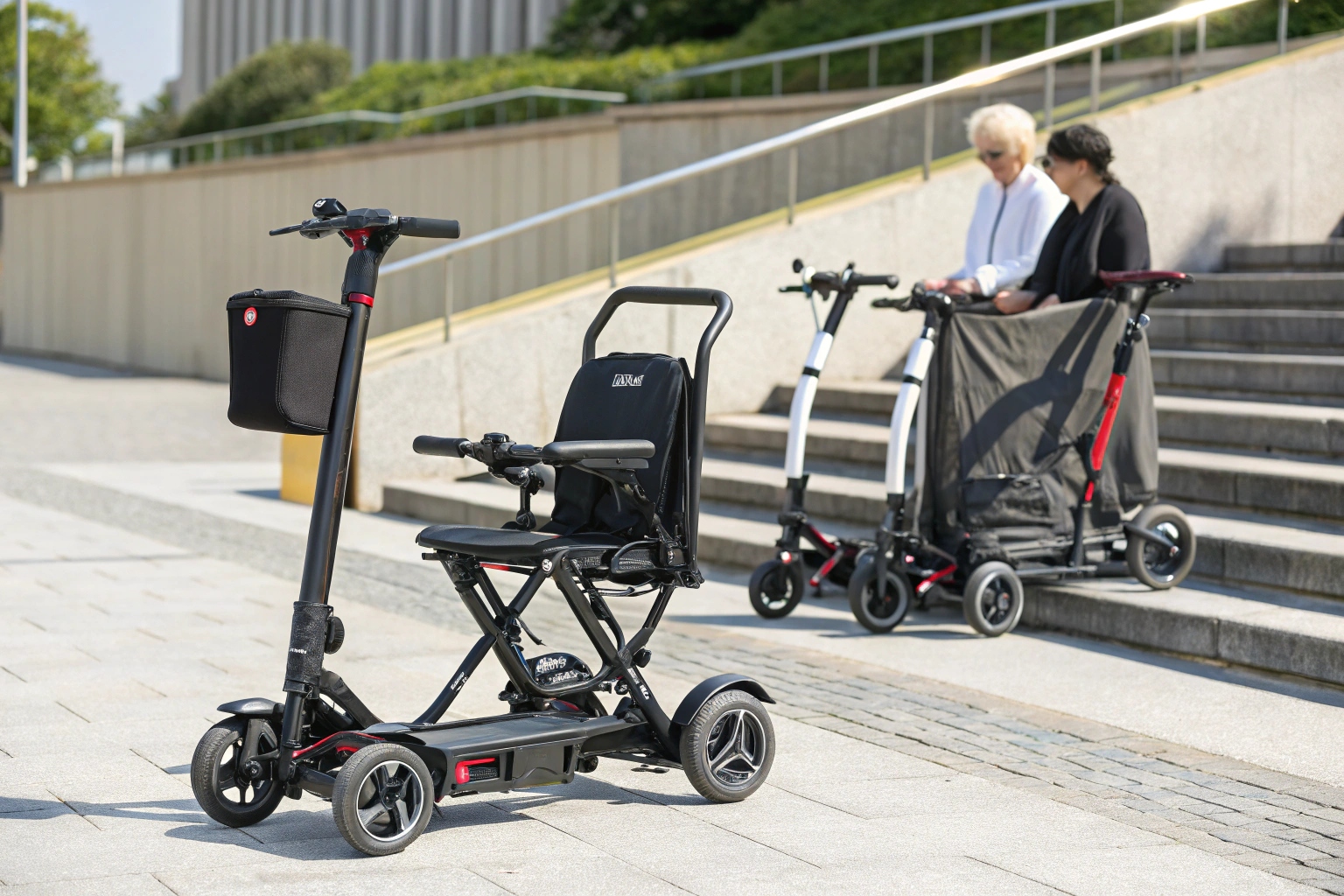 An illustration showing a mobility scooter battery being removed, with an airplane icon and a checkmark nearby