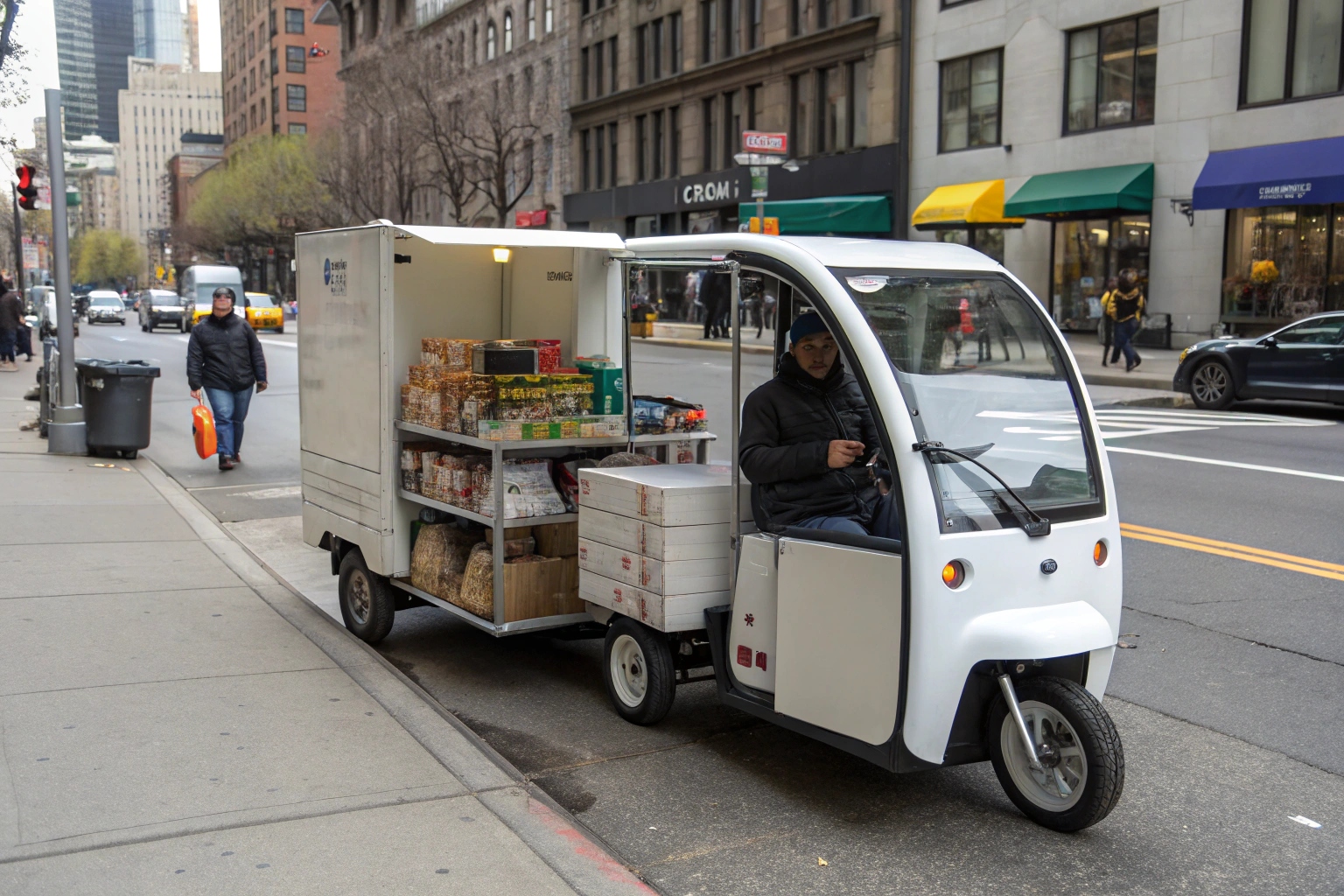 a lineup of different enclosed electric tricycle models including passenger, cargo, and food cart versions