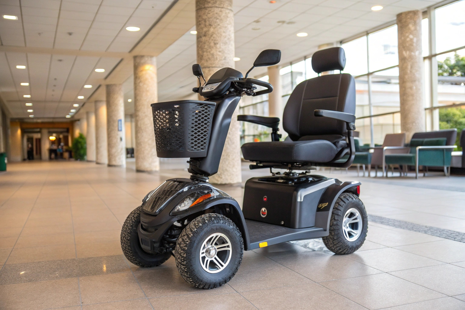 A large, comfortable mobility scooter with a captain's seat parked in a suburban setting
