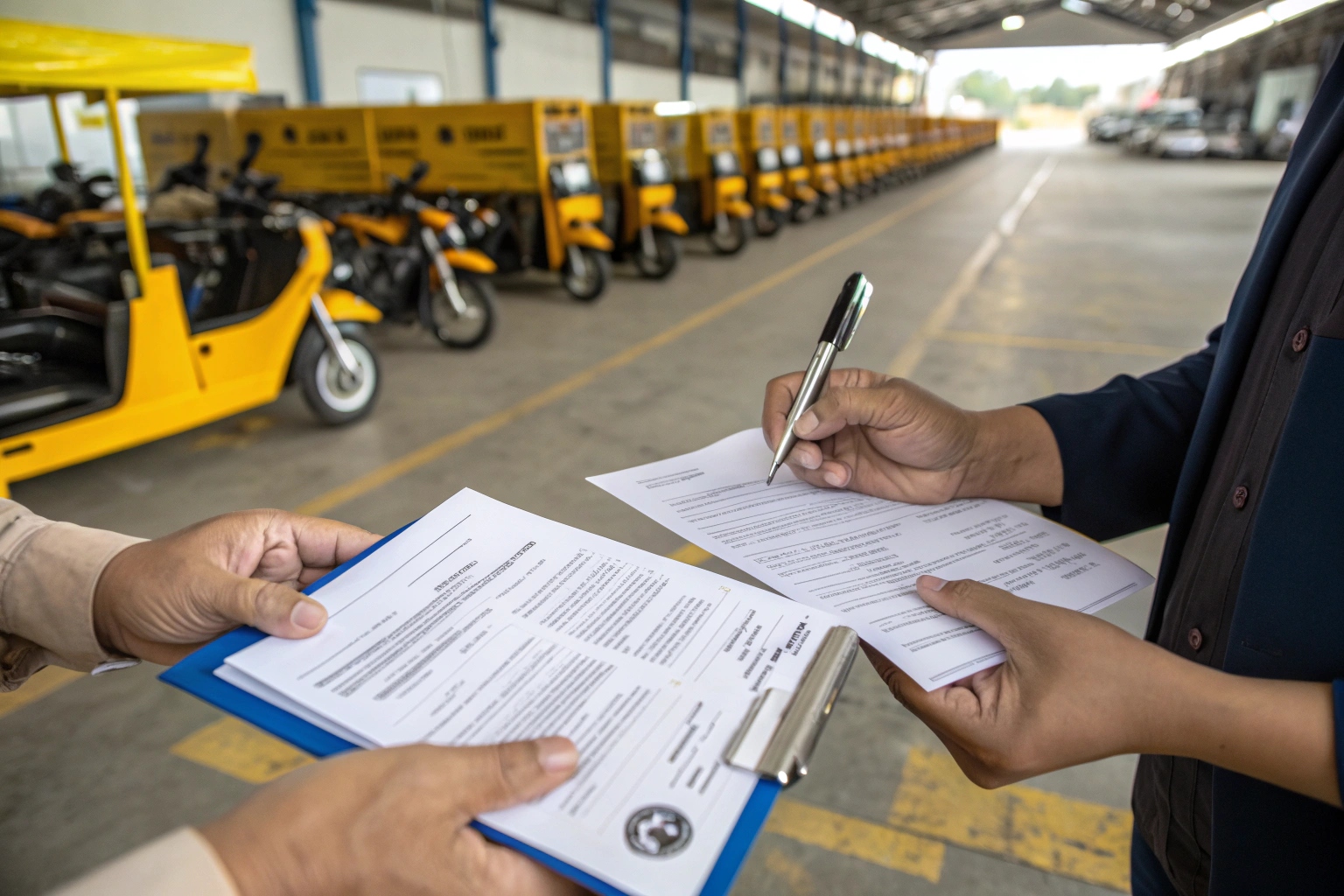 a person reviewing an international payment contract for electric tricycles